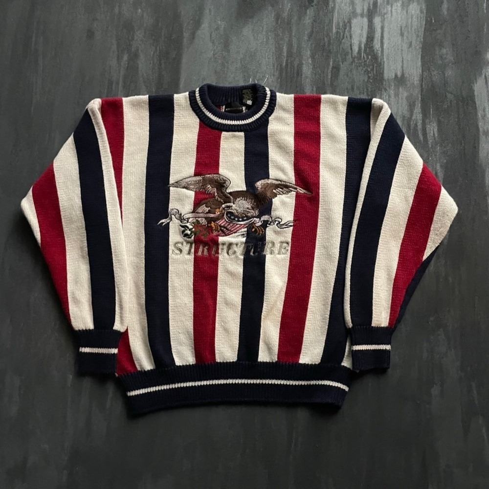 Vintage Eagle Embroidery Sweater Mens L White Blue 1990s  Striped Structure